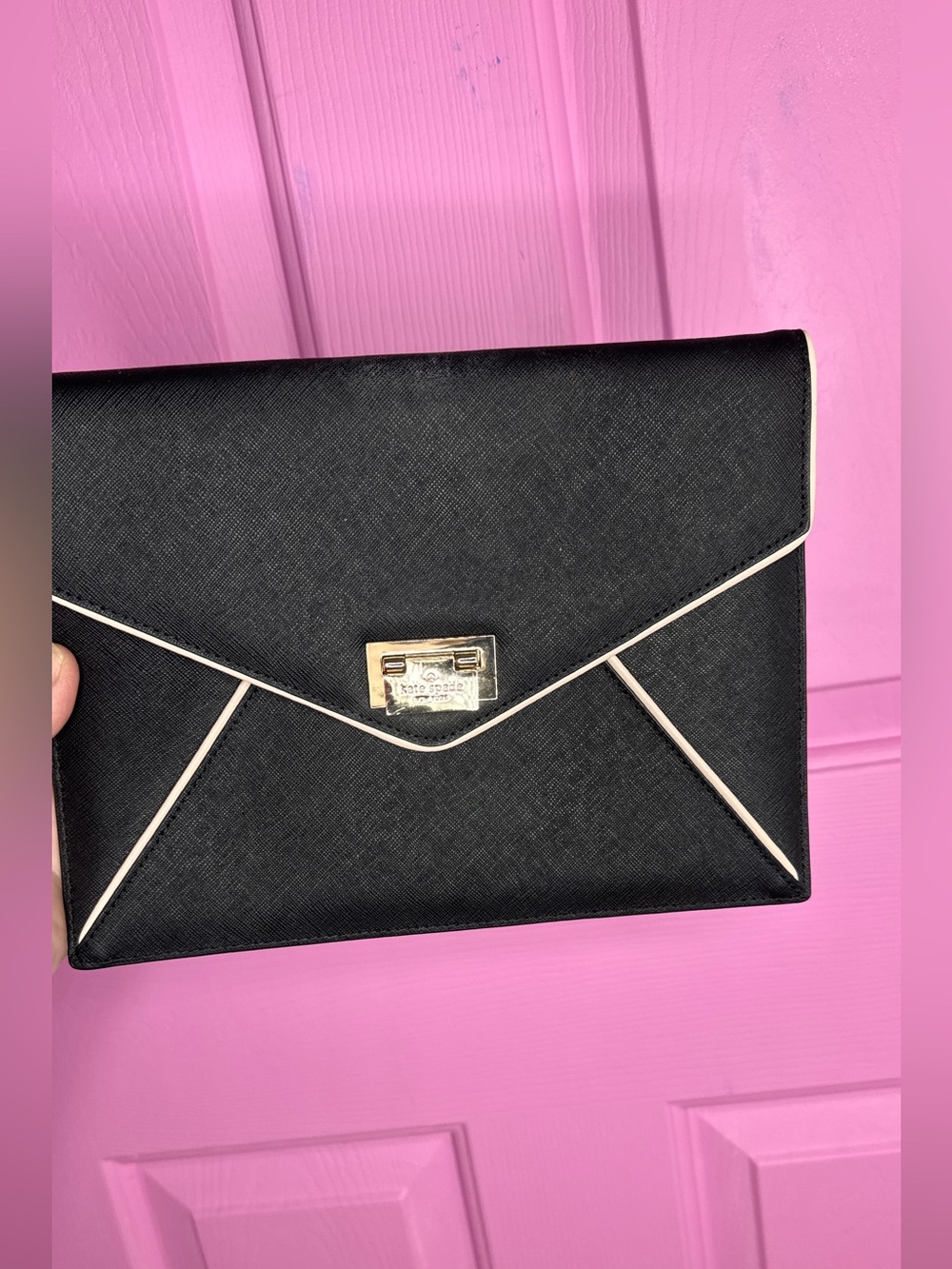kate spade Black Envelope Clutch with Cream Trim and Gold Hardware